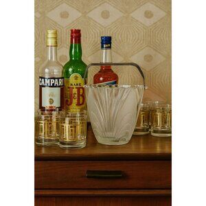 Vintage Nouveau Clear Brockway Glass Ice Bucket Stipled Loops and Metal Handle